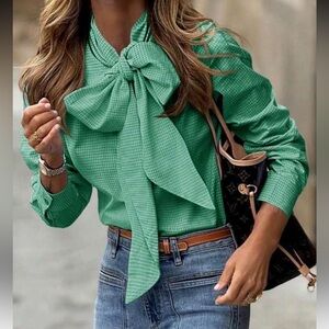 Classic Tie-Neck Check Print Top Blouse Button Down Up Shirt Green